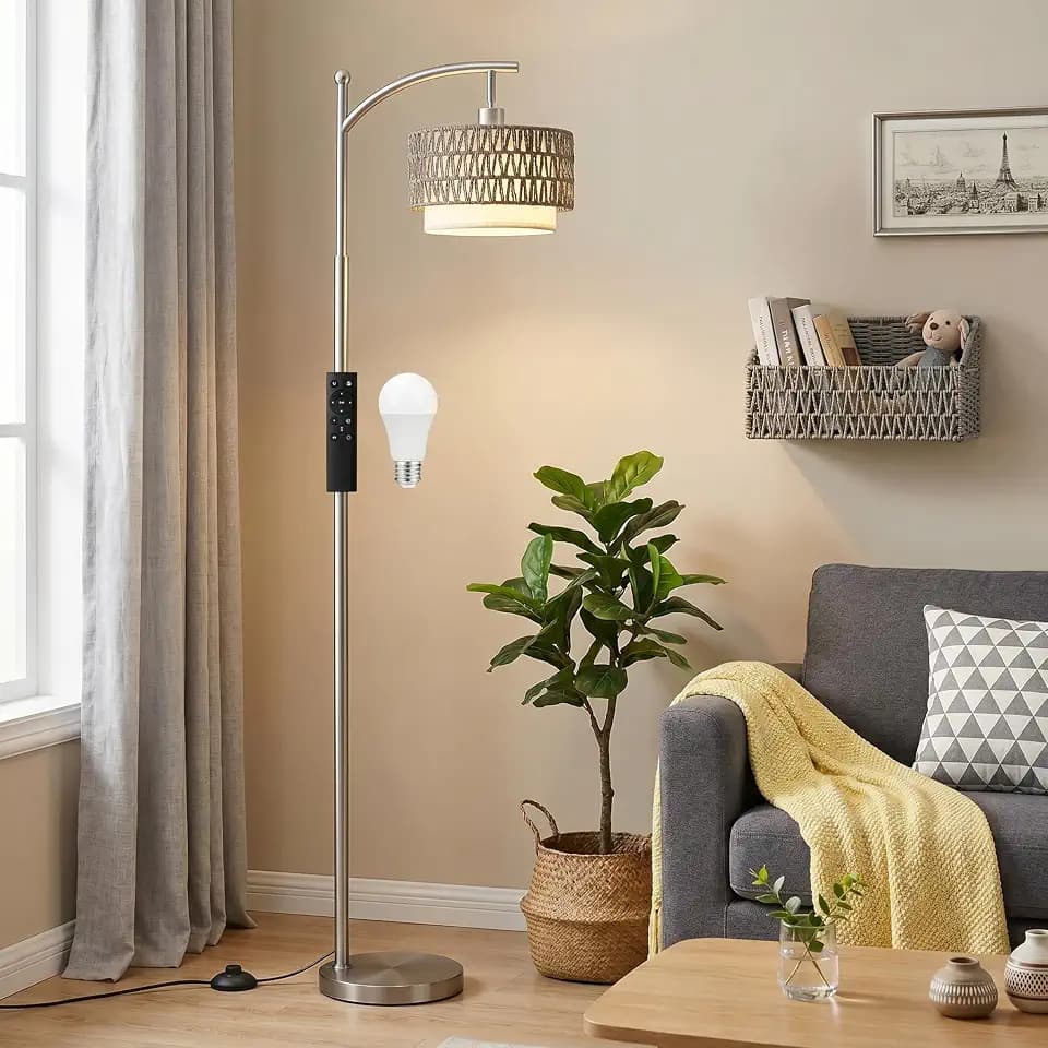 Ambimall Arc Floor Lamp with Remote & Rattan Double Shades, Gray Rustic