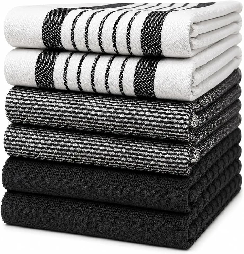 Premium Kitchen Towels 6 Pack 100% Cotton 20"x28" Dish Towels Black Striped