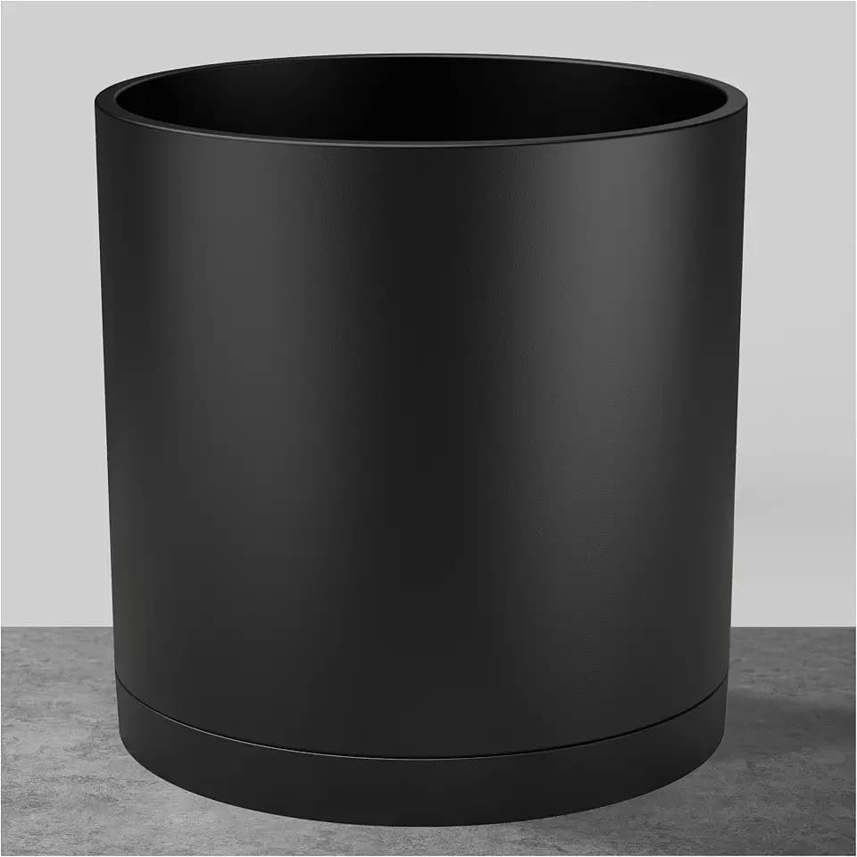 FaithLand 12-Inch Large Modern Cylinder Planter, Thick-Walled Plastic Plant Pot with Drainage Holes and Detachable Saucer, Matte Black, Ideal for Indoor & Outdoor Plants Flowers