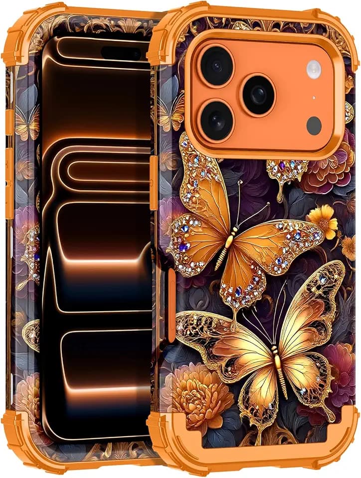 LONTECT for iPhone 17 Pro Max Case 3 in 1 Shockproof Heavy Duty Rugged Hard PC+Soft Silicone Full Body Protective Cover Butterfly Case for Apple iPhone 17 Pro Max 2025, Glow in the Dark Amber