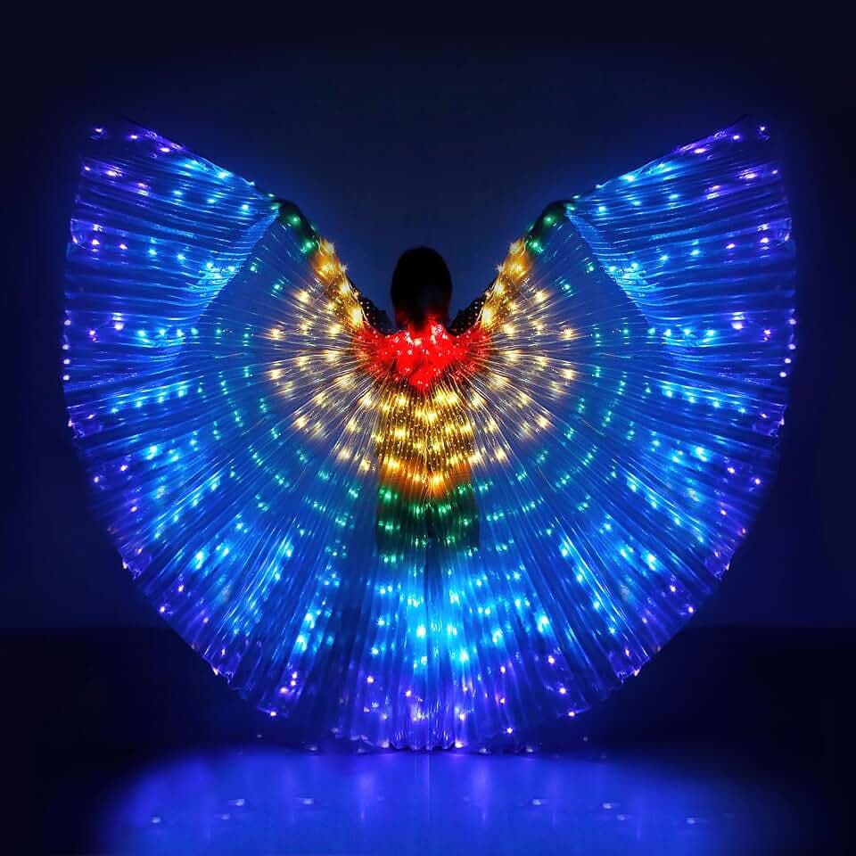 iMucci LED Lights Belly Dance Isis Wings Belly dance Glow Angel dance Wings with Telescopic Sticks Flexible Rods Multicolor