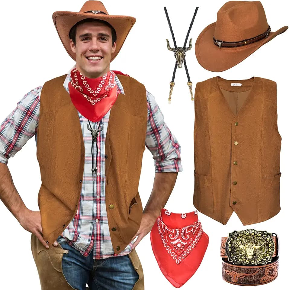 Men Western Cowboy Costume Hat Vest Belt Necklace Halloween Party Outfit