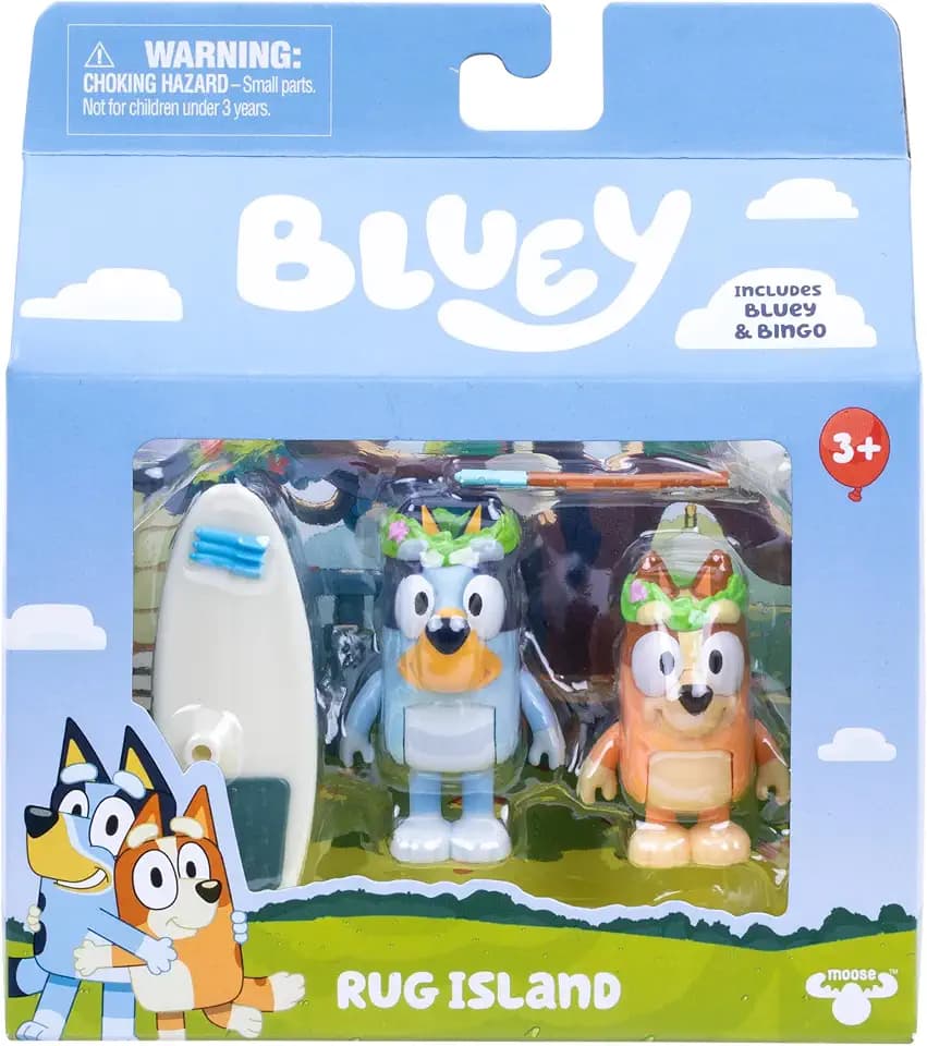 Bluey Figure 2-Pack Rug Island. 2 Episode-Themed Figures with Moving Arms & Paddleboard Accessories, 2.5-3" (6-7.6 cm) Poseable Toys for Kids. Recreate Moments from The Episode Rug Island.