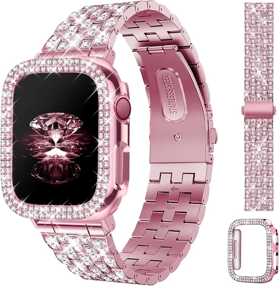Diamond Bands with Bling Case Women Compatible with Apple Watch 40mm 38mm 41mm 44mm 45mm 42mm 46mm 49mm Luxury Metal Bracelet Replacement Strap for iWatch Series 11/10/9/8/7/6/5/4 SE/Ultra 3/2/1