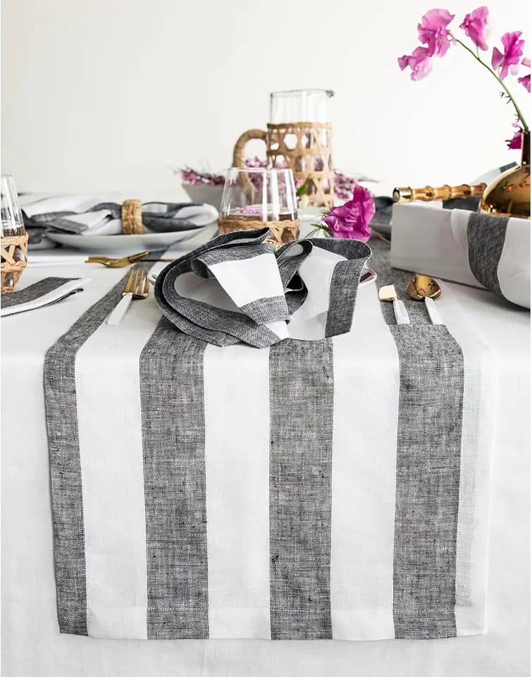 Solino Home 100% Pure Linen Table Runner, 14 x 90 in, Black, Cabana Stripe