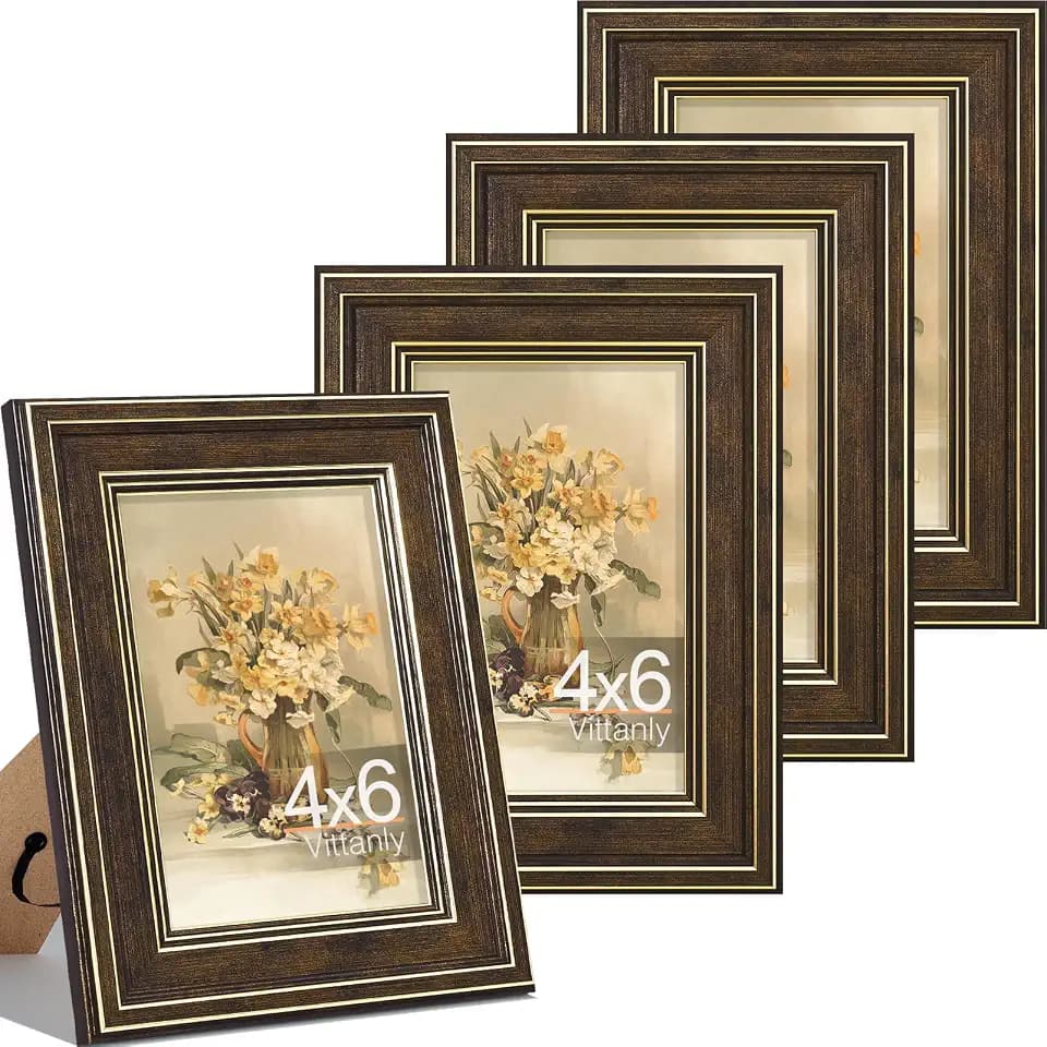 Vittanly 4x6 Picture Frames Set of 4, Vintage Photo Frames, Brown