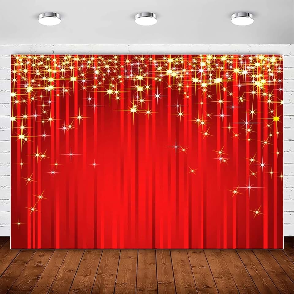 Red and Gold Backdrop Red Carpet Curtain Christmas Star Photography Backdrops Background for Golden Glitter Hollywood Prom VIP Xmas Party Decoration Indian Bday Banner Photo Booth Shoot Backdrop 7x5ft
