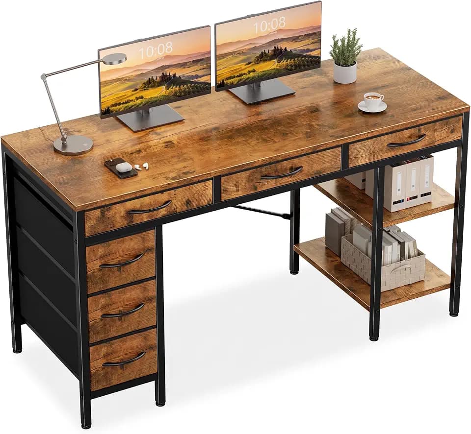 Sweetcrispy 55" Computer Desk with 6 Fabric Drawers & Storage Shelves
