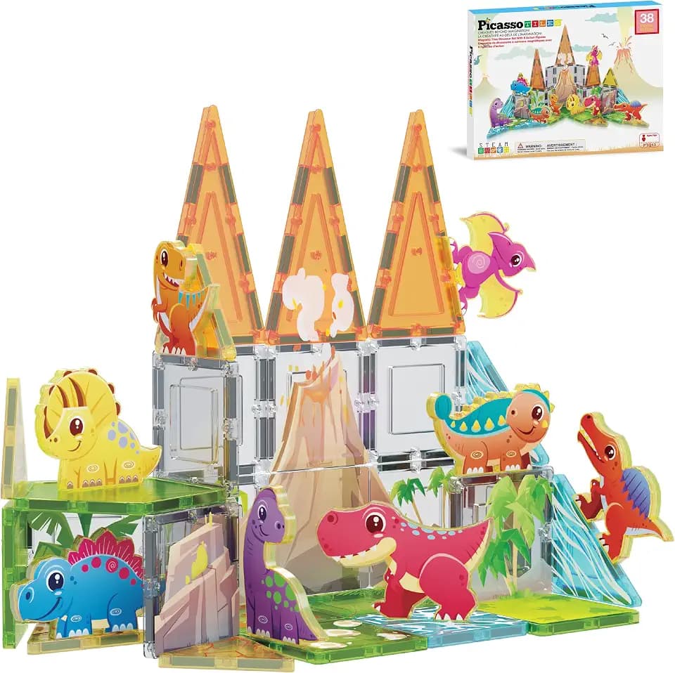 PicassoTiles Dinosaur Magnetic Tiles, STEM Building Blocks Toy Set Ages 3+