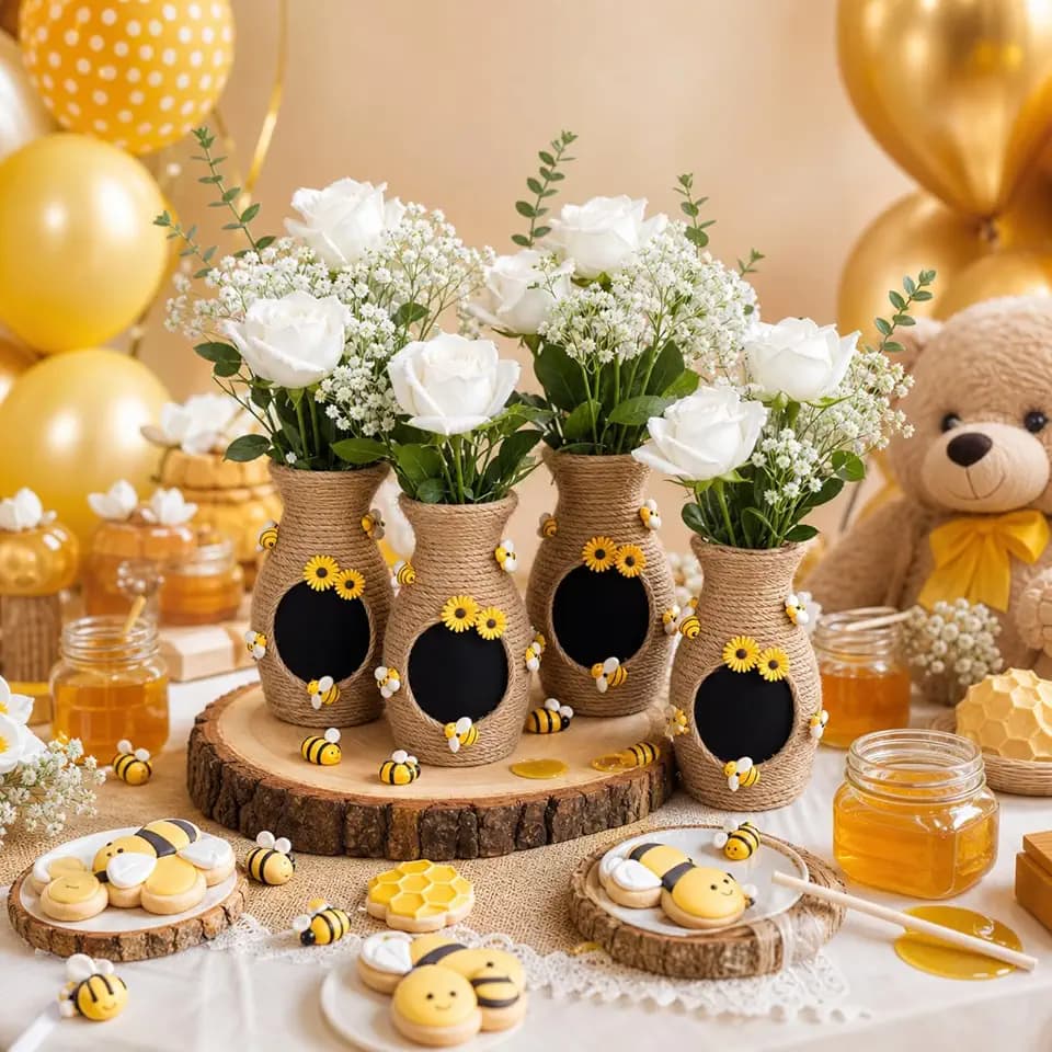 Yungyan 4 Pack Honeybee Vase Bee Hive Decor Include Sunflower Vase Babys Breath Artificial Roses for Honey Pot Party Bear Baby Shower Rustic Table Centerpiece Summer Farmhouse Kitchen Home Supplies