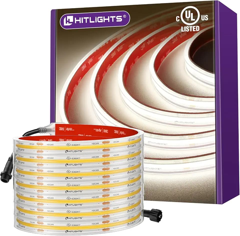 HitLights Outdoor COB LED Strip Lights Waterproof White 4000K, 16.4ft 24V