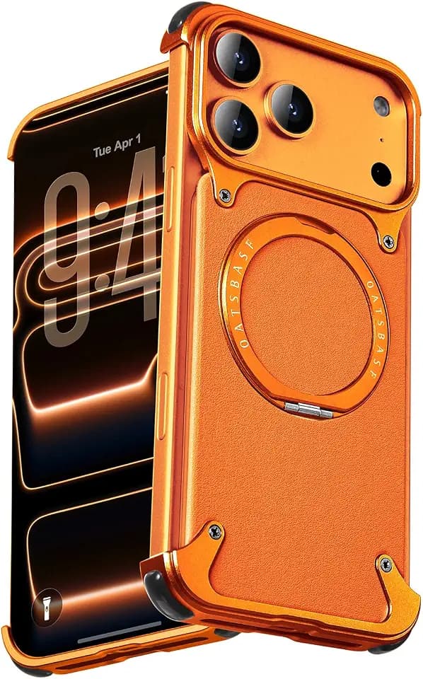 OATSBASF Metal Frameless Genuine Leather Case for iPhone 17 Pro Orange