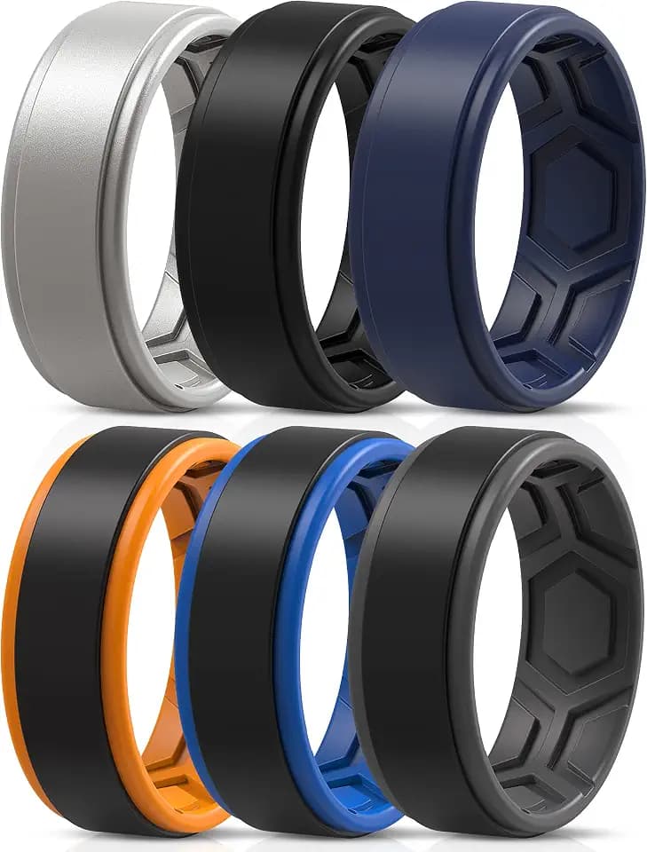 ThunderFit Silicone Rings for Men, Breathable Patterned Design Sleek Step Edge 8mm Wide 2.2mm Thick - 1/2/3/4/5/6/7 Variety Multipack