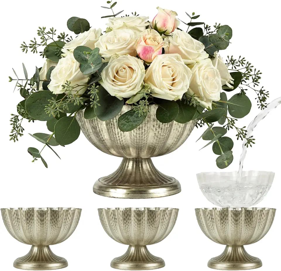 9" W 6.5" H Vintage Silver Compote vase for Wedding centerpieces Tables