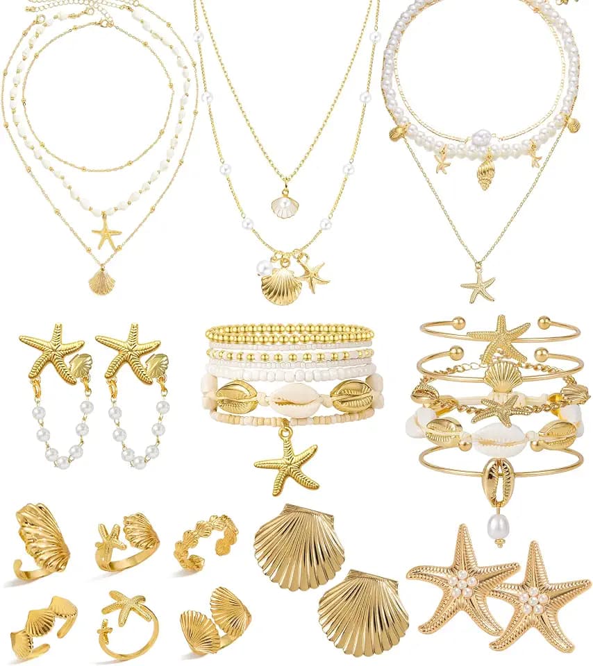 32 Pcs Starfish Seashell Jewelry Set for Women Layer Necklace Bracelets Stackable Shell Starfish Rings Stud Earrings Pearl Beach Vacation Accessories