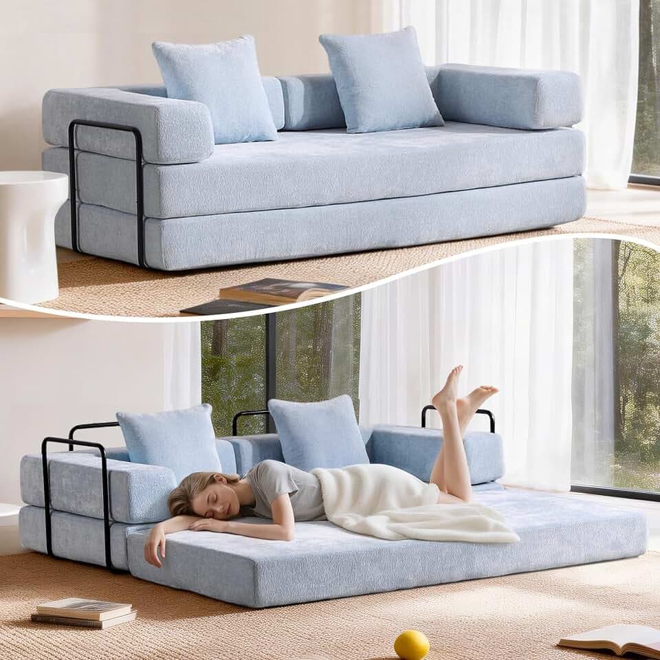 78”Convertible Sofa Bed, 4-in-1 Futon Boneless Couch with Armrest & Pillows, Compressed Chenille Folding Sleeper Bed for Living Room, Guest Room and Dorm, Light Blue