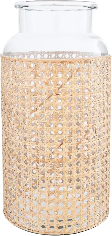 Bloomingville 14.5"H Glass Vase with Decorative Cane Sleeve Beige