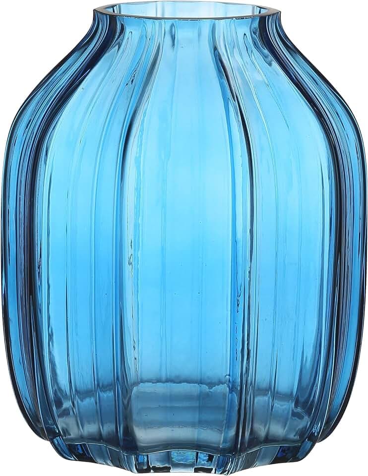 JAKY Global Elegante blaue Glasvase, 20 cm hoch, große und hohe Tischmitte für Heim- oder Bürodekoration, atemberaubende Glasvase, perfekt für Stil