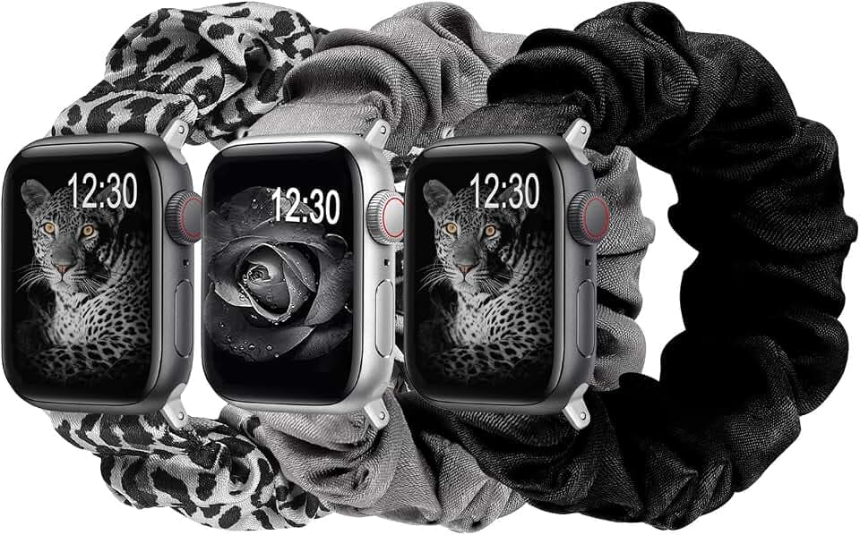 Wearlizer 4 Stück Kompatibel mit Apple Watch Armband Scrunchie Weich Tuch 38mm 40mm 41mm 42mm 44mm 45mm Süße Gedruckte Uhrenbänder Frauen Dehnbares Armband für iWatch 7/SE/6/5/4/3/2/1