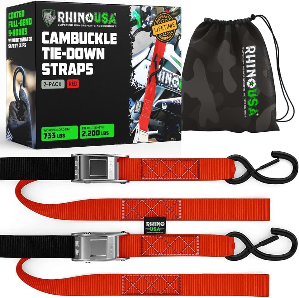 Rhino USA Motorcycle Tie Down Straps (2-Pack) - Cambuckle with Soft Loops
