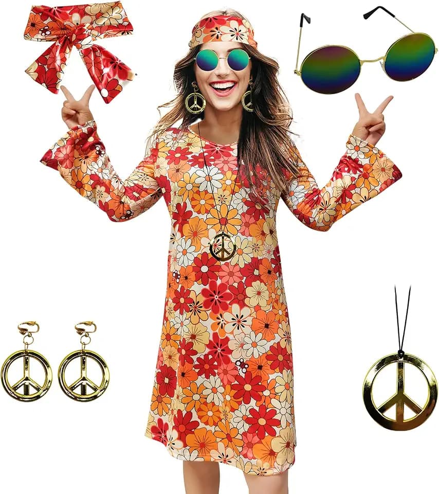70s Hippie Dress Costumes Necklace Earrings Sunglass Women Disco Outfit, 60s Party Costume, Halloween Retro Dresses