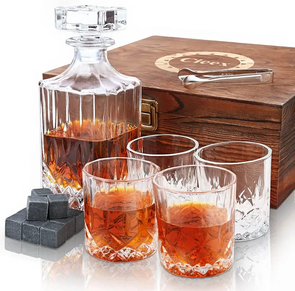 Cieex Whiskey Karaffe Set , 750ml Dekanter mit 4 x 220ml Whiskeygläser 12 Steine Schöne, Geschenk Box Vatertagsgeschenk für Männer Transparent