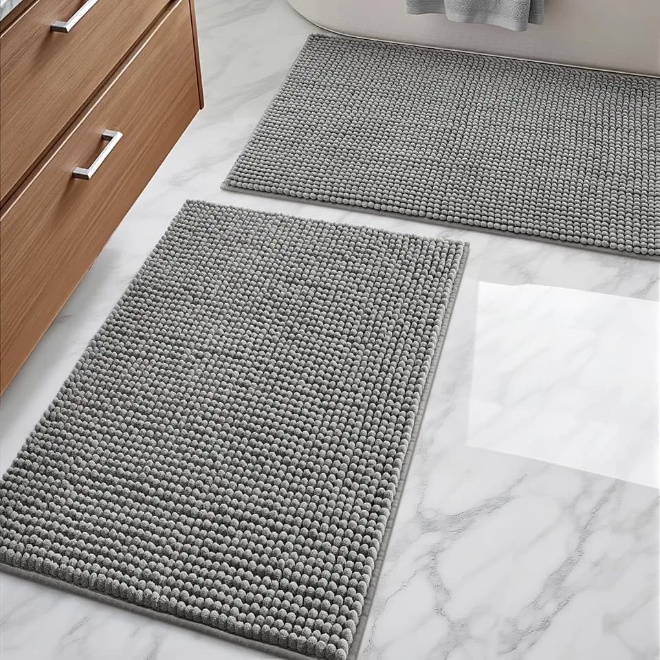 DEXI Badezimmerteppich Set 2 Teilig, weicher Badematte aus Chenille Saugfähig, rutschfest waschbar Badematten & Badteppiche für Dusche, Badezimmer, Waschküche, 60 x 90 cm + 60 x 90 cm, Grau