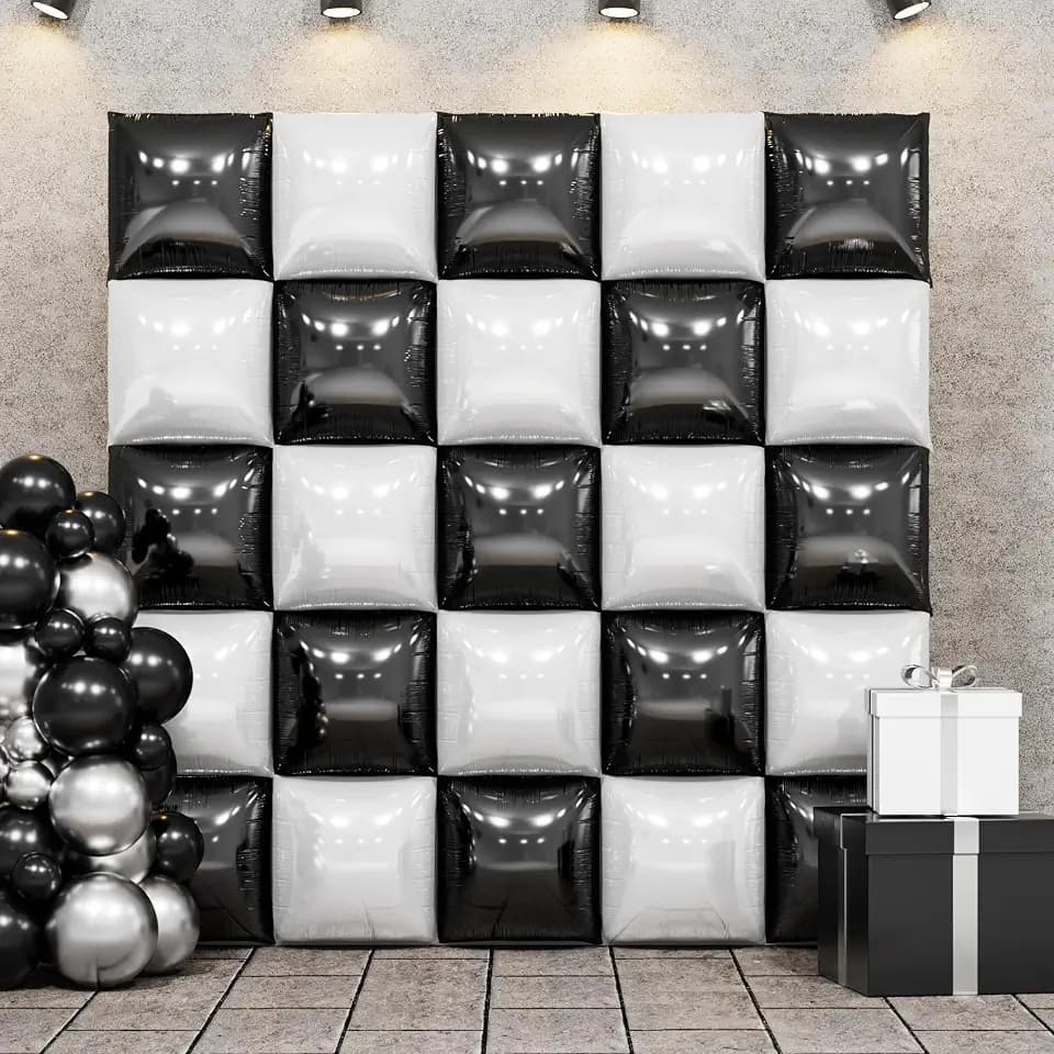 25PCS Black Pearl White Square Foil Balloons Wall Backdrop