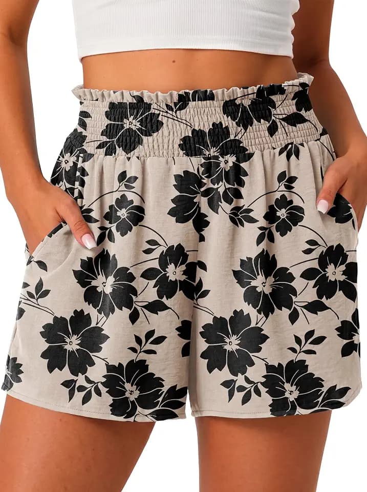 Lepunuo Womens High Waisted Wide Leg Smocked Shorts with Pockets