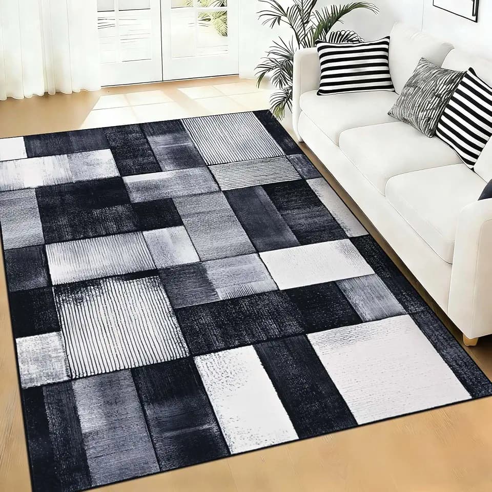 Alishomtll Teppich Wohnzimmer Schwarz Grau, Modern Kariert Läufer 140x200cm