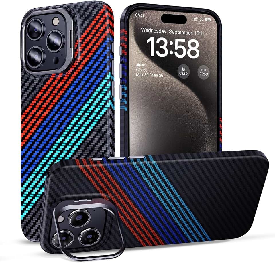 MAGIC JOHN for iPhone 15 Pro Max Case,Adjustable Camera-Guard Kickstand,Carbon Fiber Textures 600D,Supports Wireless Charging MagSafe Compatible,Military-Grade Drop Cover,Sport Grille Color