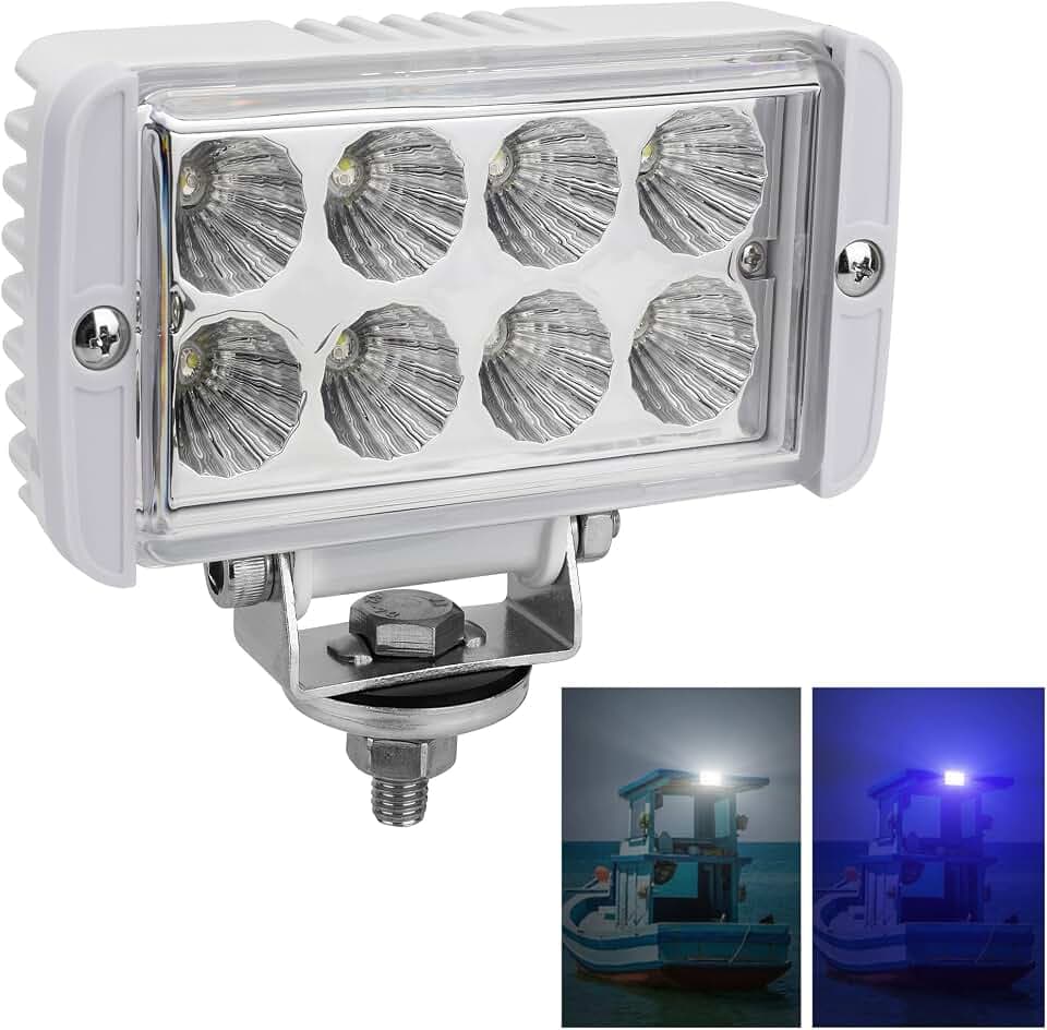 RVZONE 1 Pack Dual Color Led Boat Lights IP67 Waterproof LED Deck/Dock Marine Spreader Light 12-24V Boat Headlights Marine Led Spotlights for Night Fishing (Blue & White)