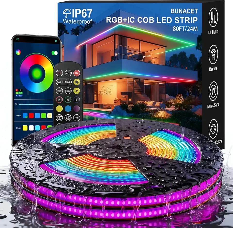 80ft COB RGB+IC LED Strip Lights, Bright Dream Color COB LED Light Strip