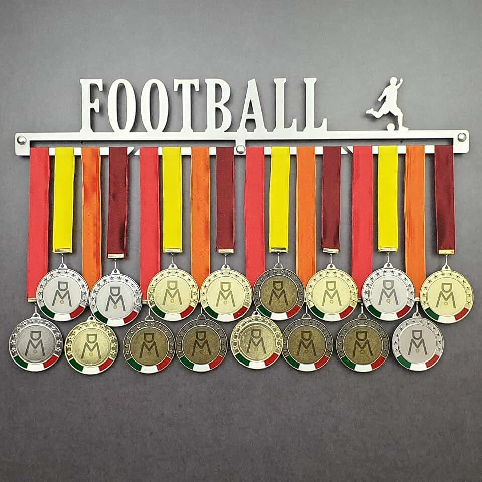 MEDALdisplay Football - Medaillen Aufhänger - Wandhalterung für Fußballspieler, Fußball, Soccer - Medaillenhalter - Sport Medal Hanger - Gebürsteter Edelstahl - 100% Made in Italy
