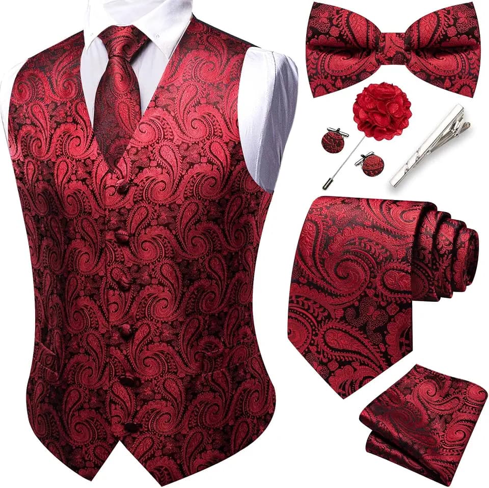 Barry.Wang Herren-Paisley-Weste, formelle Anzugwesten, Krawatte, Fliege, Set, Jacquard-Clip, Einstecktuch, Manschettenknöpfe, Anstecknadel, Hochzeit, 8 Stück