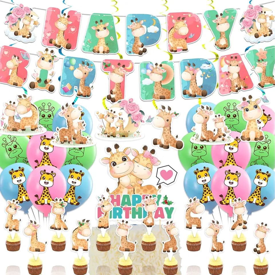Giraffe Geburtstag Dekorationen Party Supplies beinhaltet Banner Hängende Wirbel Kuchen Topper Cupcake Toppers Ballons für Tier Dekorationen,POMNUG-AB16