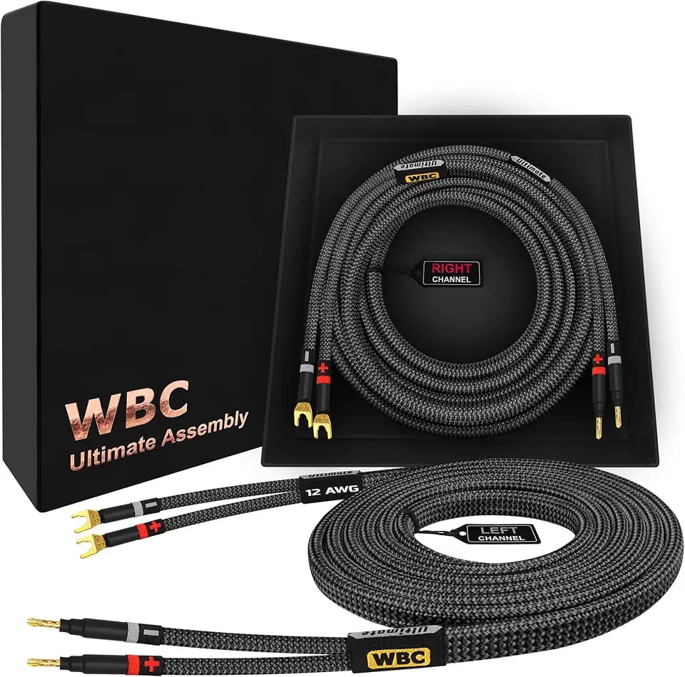 WORLDS BEST CABLES 6 Foot Ultimate - 12 AWG - Ultra-Pure OFC - Premium Audiophile HiFi Speaker Cable Pair with Eminence Gold Banana (x2) & Spade (x2) Plugs & Carbon Tweed Jacket