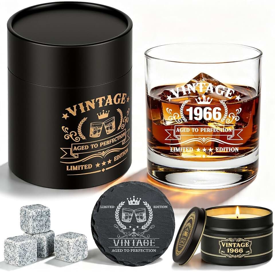 Whisky Geschenkset Männer 1966 – Geschenk zum 60. Geburtstag Mann – Vintage Whisky Glas Set mit Steinen, Kerze & Geschenkbox – Geschenk für Papa, Ehemannv