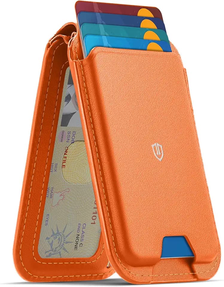SHIELDON Genuine Leather for MagSafe Wallet Stand, 6 Card Holders, Orange