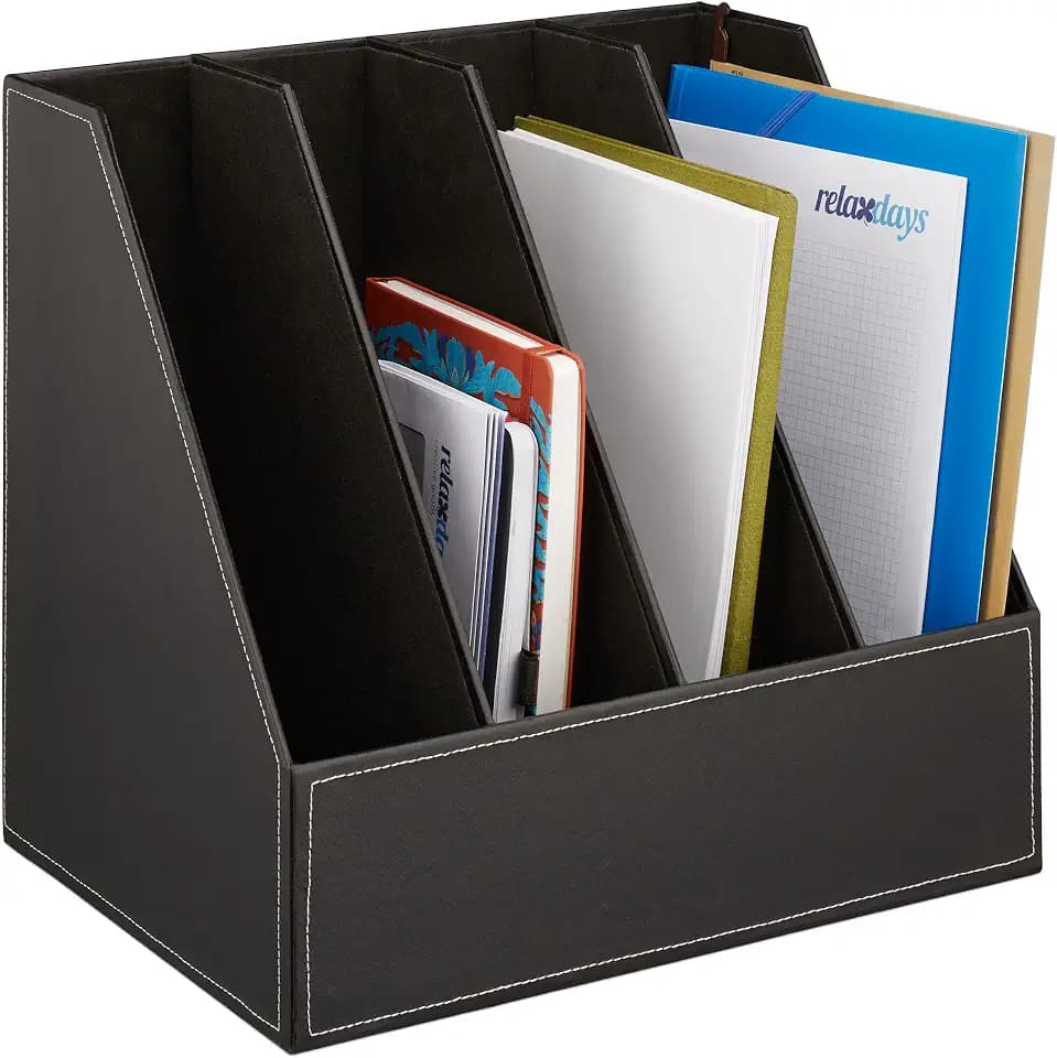 Relaxdays Stehsammler Kunstleder, 4 Fächer, DIN A4-C4, stabiler Stehordner, HBT: 35 x 36 x 26,5 cm, Stehordner, schwarz
