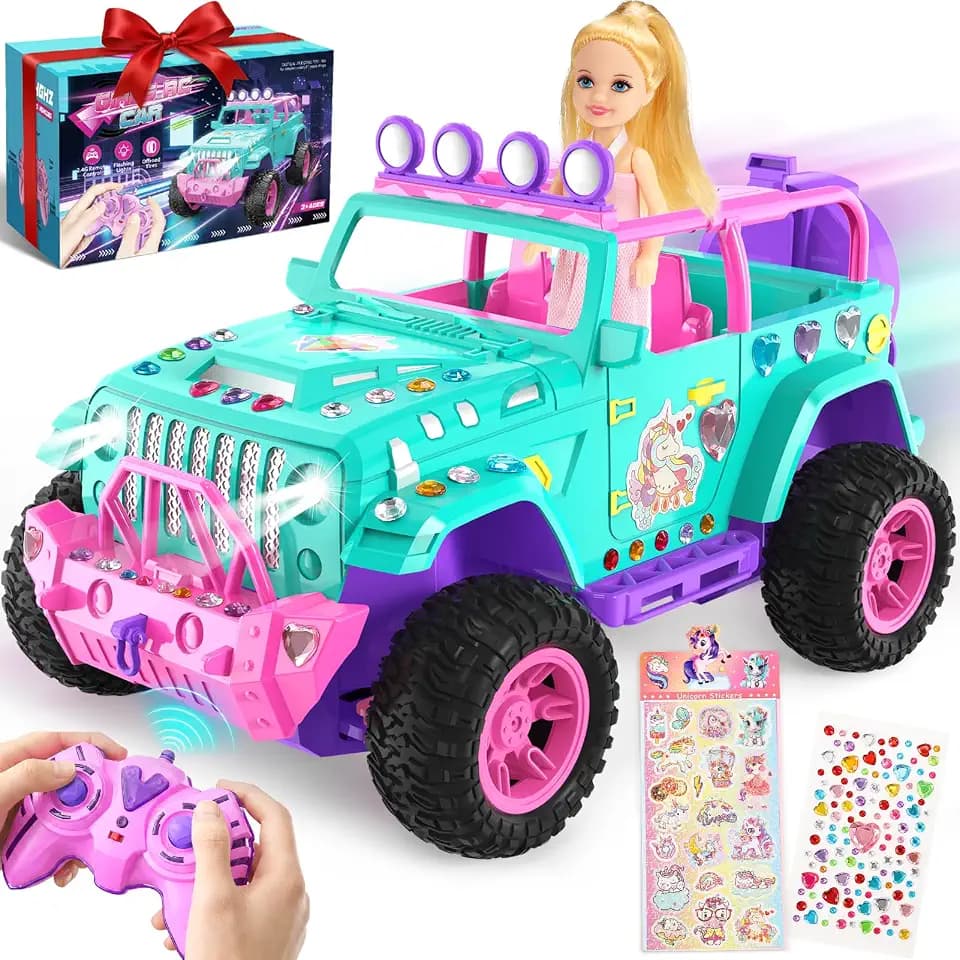 HappyGoLucky Ferngesteuertes Auto Mädchen mit Puppe und Einhornaufkleber, RC Car Wrangler SUV Spielzeug ab 3-10 Jahre Mädchen, Geschenke Für Kinder