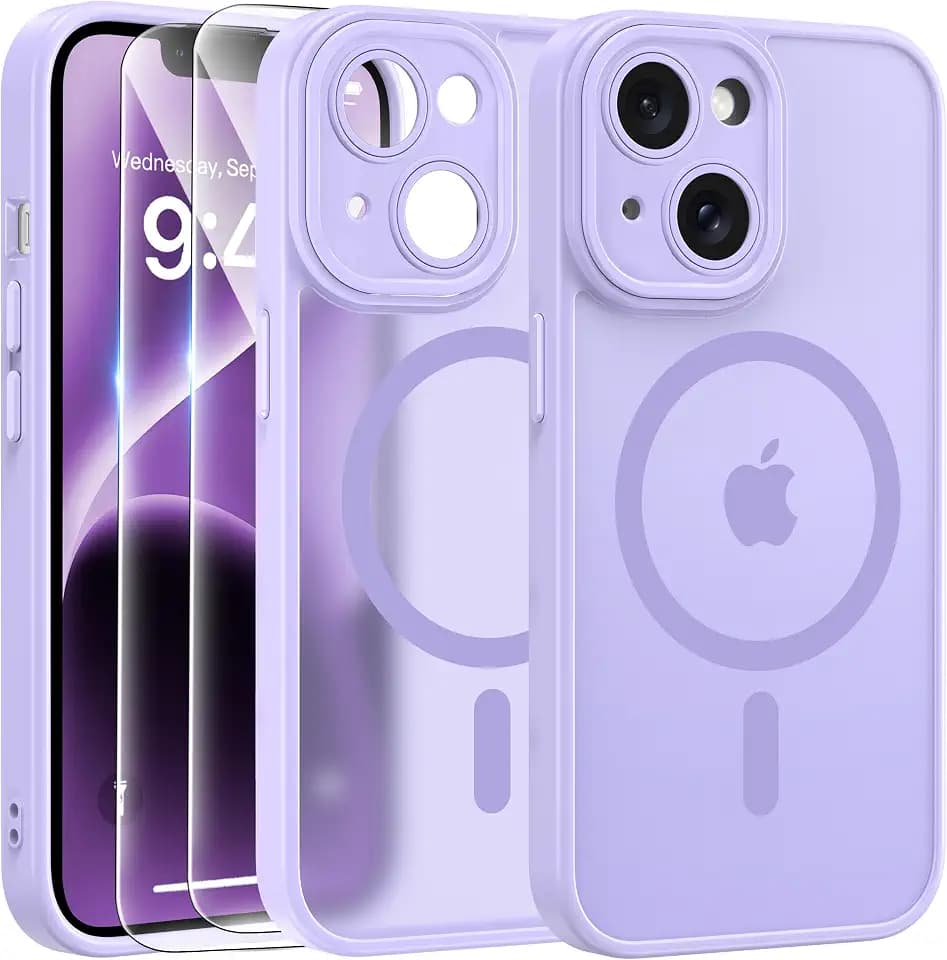 FLLAO 3 in 1 Handyhülle Kompatibel für iPhone 14 Hülle mit 2 Stück Schutzfolie Case iPhone 14 6.1", Violet Clair