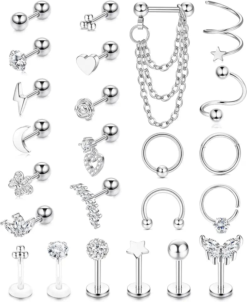 JeweBella 24 Stück 16G Chirurgenstahl Helix Piercings Silber Gold Hypoallergene Piercing Ohr Knorpel Ohrringe Damen Ohrstecker Creolen Set Nase Lippen Clicker Ring Conch Tragus Piercing Schmuck