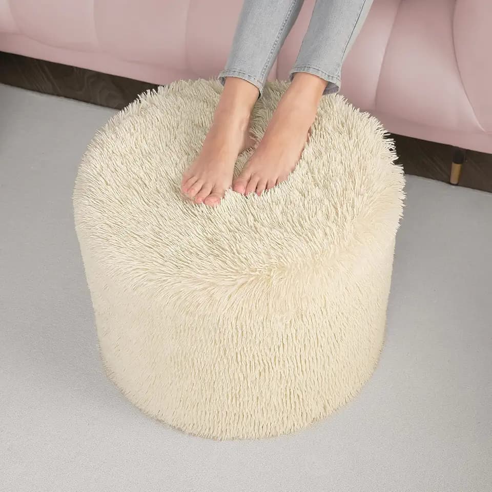 Hansleep Round Pouf Ottoman Foot Rest, Footstool, 17 x 14 Inch, Beige