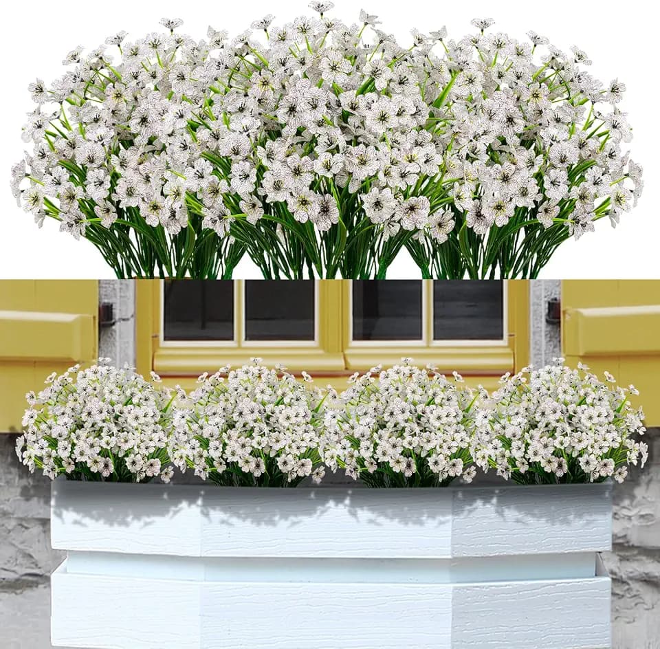 21 Bundles Artificial Flowers Outdoor UV Resistant Silk Flowers No Fade Fake Outside Flowers Plastic Greenery Faux Shrubs Garden Porch Window Box Home Decoration(White)