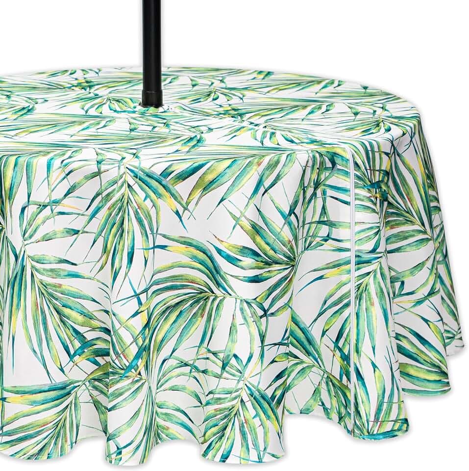 YiHomer Indoor Outdoor Tabletop for Spring Summer Decorations, Picnics and Dinner Parties - Stain and Water Resistant, Palm Leaves Dream, Zipper Tablecloth, 70" Round with Umbrella Hole