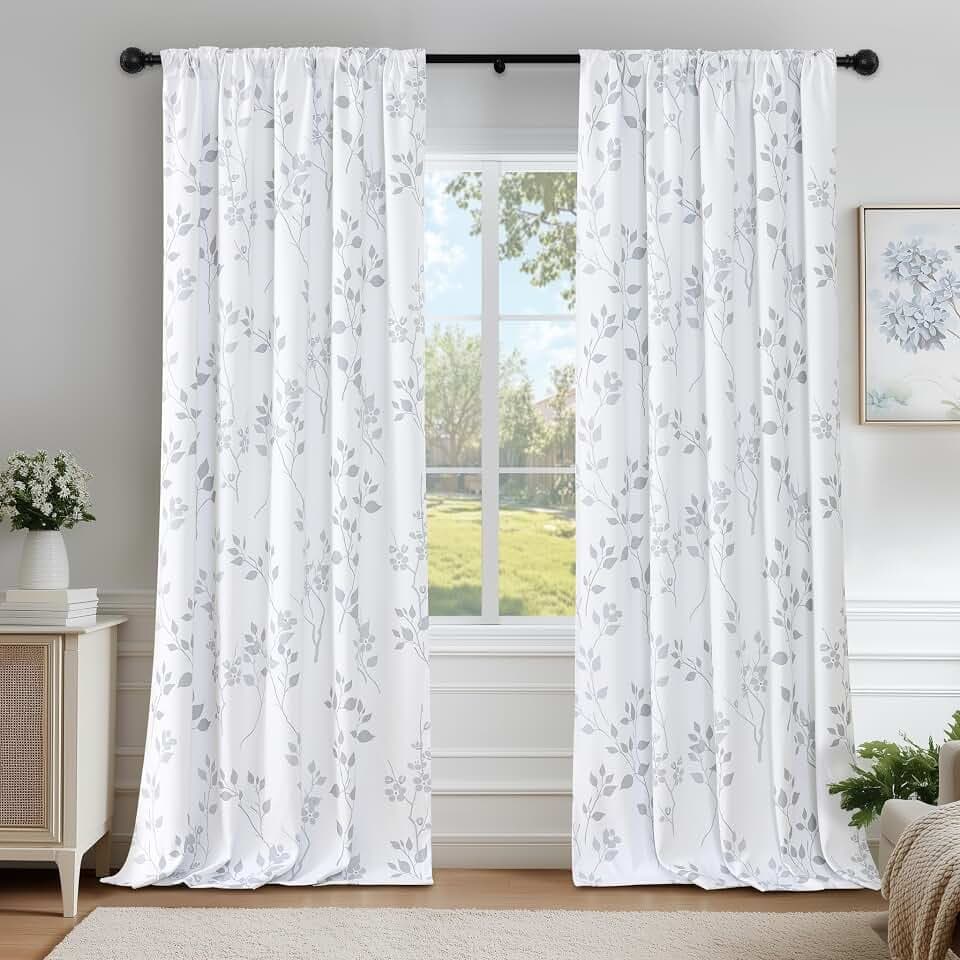 Beauoop Floral 100% Blackout Curtains for Bedroom Grey White 52X96 2 Panels