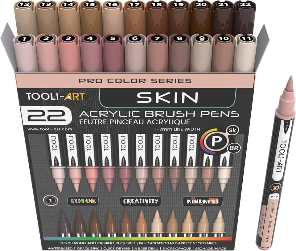 TOOLI-ART 22 Flexible Brush Tip Acrylic Paint Pens Markers Set 1-7mm Line for Rock Painting, Glass, Mugs, Wood, Metal, Canvas, Plastic. Non Toxic Waterbased Quick Drying Assorted Skin