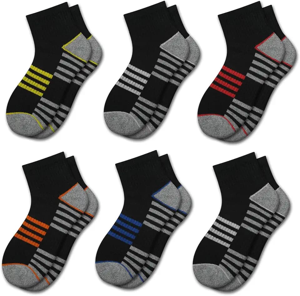 Comfoex Boys Athletic Quarter Socks - Ankle Sports Socks With Cushioned Sole - 6 Pairs, Sizes 4-6, 6-8, 8-10 Years Old