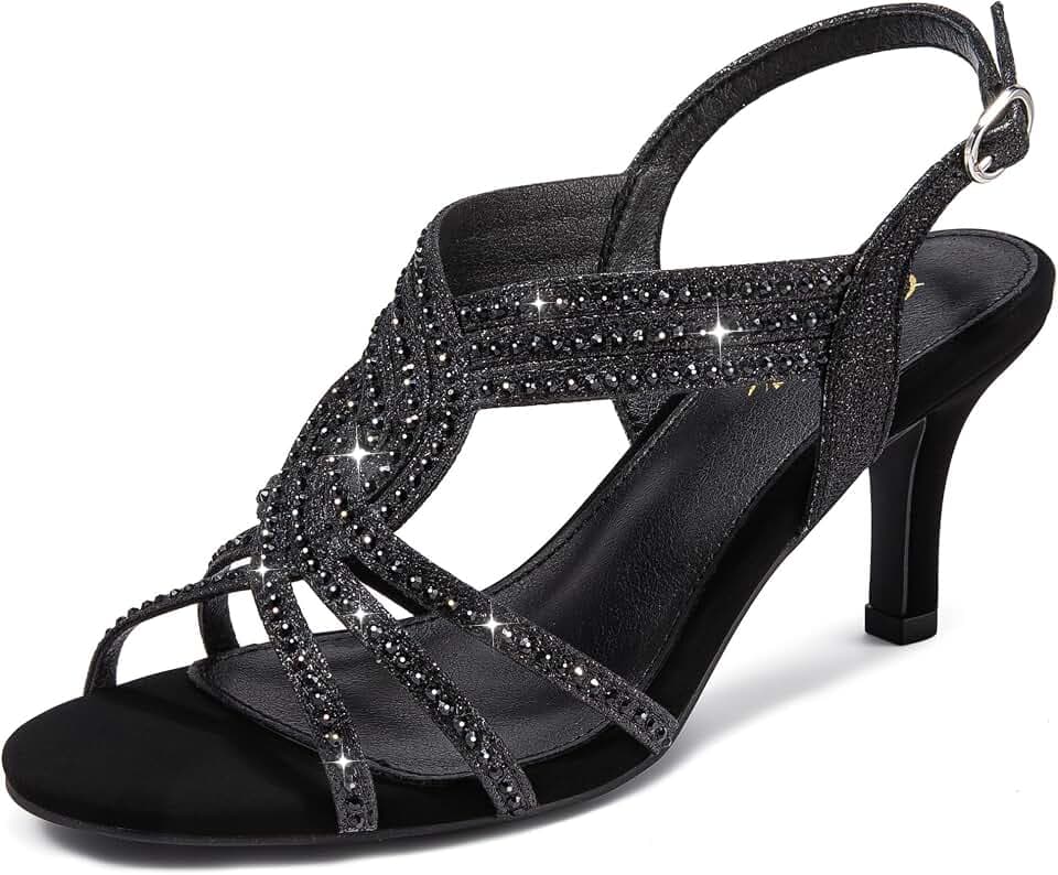 Women Rhinestone Heels Sparkly Dress Shoes High Kitten Heel 3.35 Inch Open Toe Ankle Strap Womens Sandals Wedding